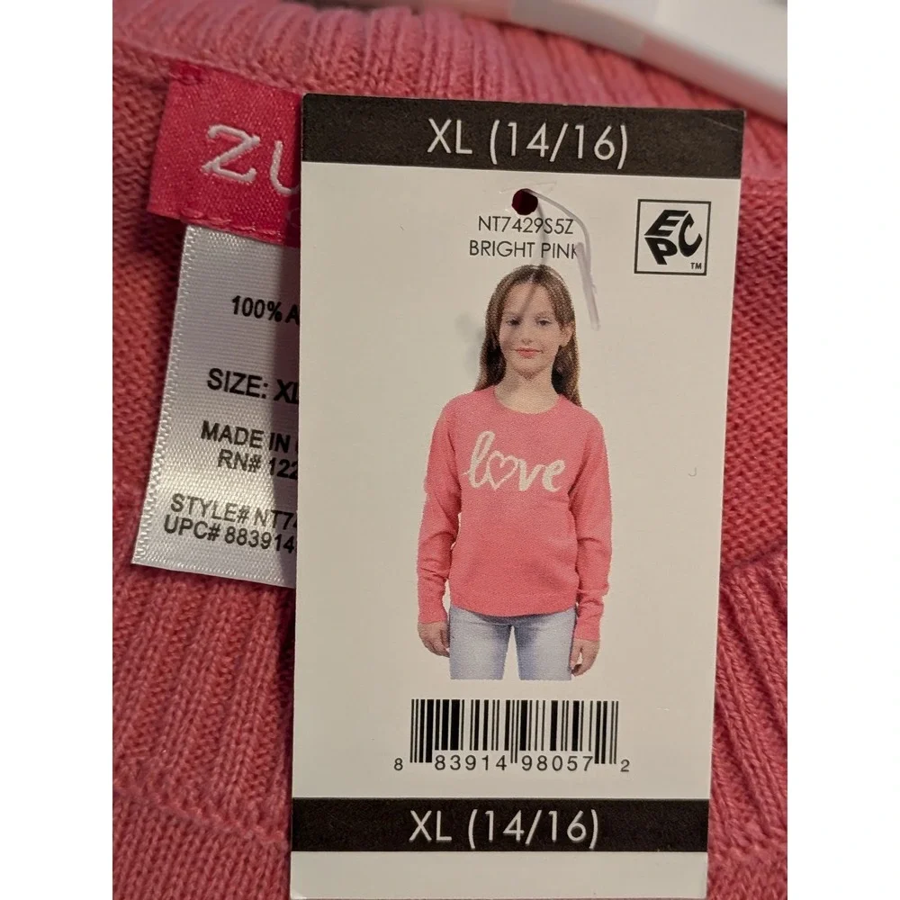 Zunie Girl Pink Love Heart Sweater XL 14 16 Acrylic Kids Long‎ Sleeve NWT